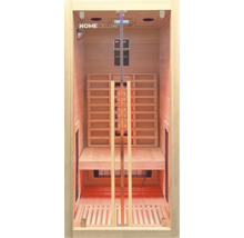 Vue intérieure d'un sauna infrarouge avec lambris, sièges et commande numérique