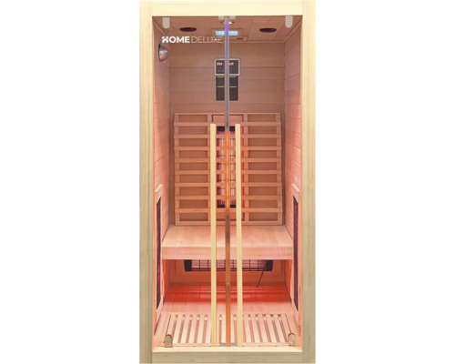 Vue intérieure d'un sauna infrarouge avec lambris, sièges et commande numérique