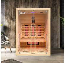 Sauna infrarouge en bois avec porte en verre et logo Home Deluxe.