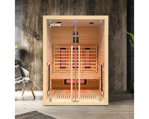 Sauna infrarouge en bois avec porte en verre et logo Home Deluxe.