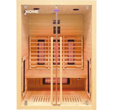 Vue intérieure d'un sauna en bois avec banc et radiateurs