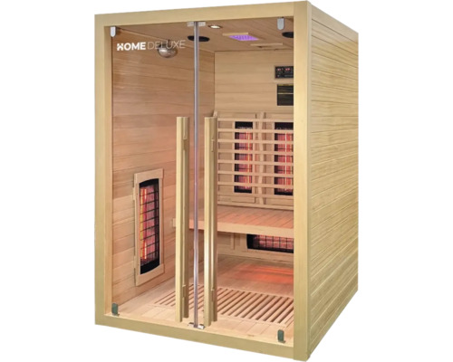 Sauna infrarouge avec façade en verre et revêtement en bois