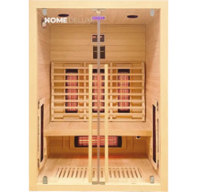 Vue intérieure d'un sauna infrarouge avec bancs en bois et radiateurs