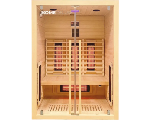 Vue intérieure d'un sauna infrarouge avec bancs en bois et radiateurs