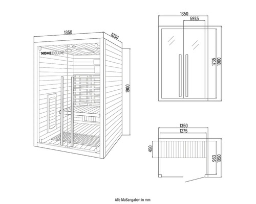 Schéma technique d'un sauna Home Deluxe avec dimensions