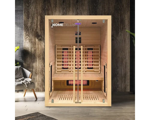Sauna infrarouge en bois avec porte en verre et banc