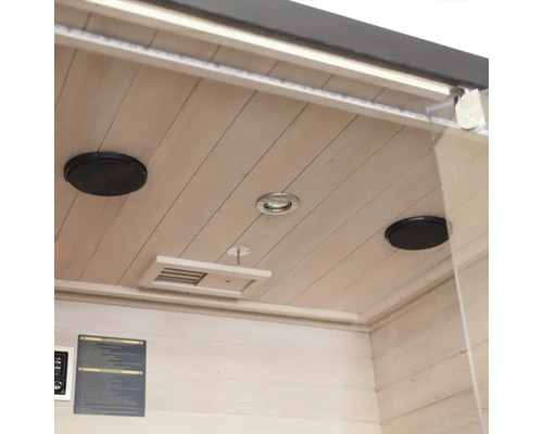 Vue intérieure d'un sauna avec haut-parleurs, lampe et ventilation