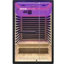 Vue intérieure d'un sauna infrarouge avec lambris, banc et porte d'entrée en verre