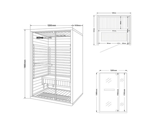 Dessin technique d'un sauna Home Deluxe avec dimensions