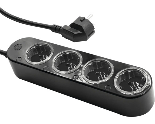 Shelly Power Strip 4 Gen4 IP 20 schwarz Steckdosenleiste mit vier Steckplätzen und Stecker