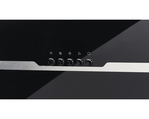 Commandes d'une hotte aspirante avec boutons rotatifs pour la lumière et les vitesses du ventilateur.