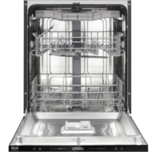 Innenansicht eines Geschirrspülers mit offenen Klappen und Geschirrkörben