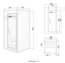 Plan coté du sauna Home Deluxe avec toutes les dimensions en millimètres