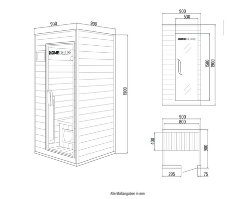 Plan coté du sauna Home Deluxe avec toutes les dimensions en millimètres