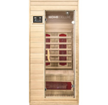 Intérieur d'un sauna infrarouge en bois avec porte en verre et éléments de commande