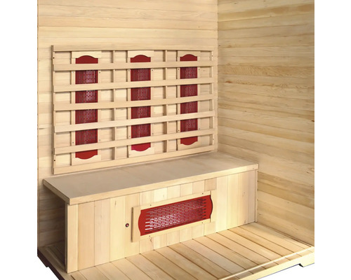 Vue intérieure d'un sauna avec lambris en bois et radiateurs infrarouges