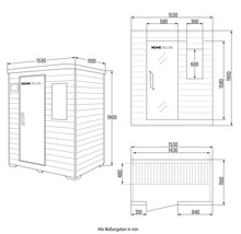 Dessin technique d'un sauna Home Deluxe avec dimensions