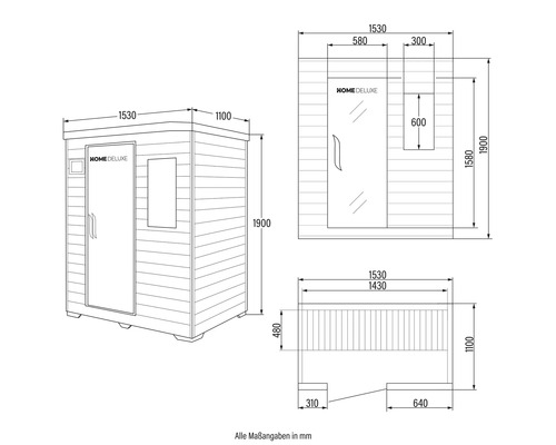 Dessin technique d'un sauna Home Deluxe avec dimensions