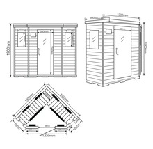 Dimensions et vues d'un sauna de jardin sous forme de dessin technique