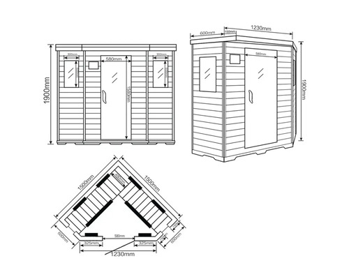 Dimensions et vues d'un sauna de jardin sous forme de dessin technique