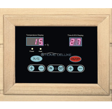 Panneau de commande d'un sauna avec affichage de la température, minuterie et logo Home Deluxe