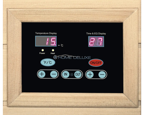 Panneau de commande d'un sauna avec affichage de la température, minuterie et logo Home Deluxe