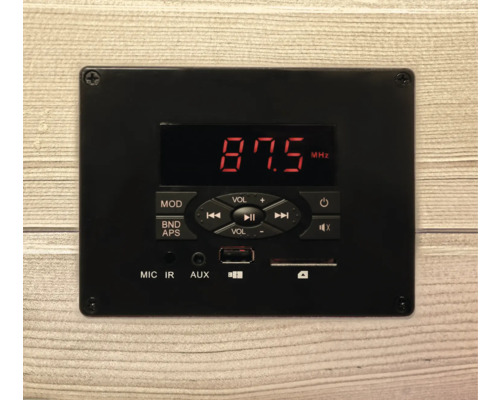 Module audio noir avec affichage numérique et commandes.