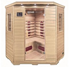 Sauna infrarouge en bois avec porte d'entrée en verre et panneau de commande