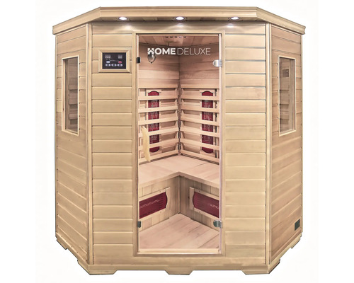 Sauna infrarouge en bois avec porte d'entrée en verre et panneau de commande