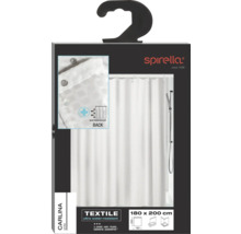 Verpackung eines weißen, wasserabweisenden Textil-Duschvorhangs von Spirella, Größe 180 x 200 cm.