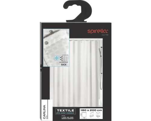 Verpackung eines weißen, wasserabweisenden Textil-Duschvorhangs von Spirella, Größe 180 x 200 cm.