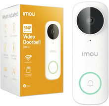 Sonnette vidéo Imou DB61i blanche avec résolution de 5 mégapixels, filaire, wifi, fente pour carte mémoire, Imou Logo et emballage.