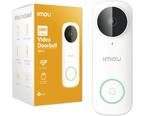 Sonnette vidéo Imou DB61i blanche avec résolution de 5 mégapixels, filaire, wifi, fente pour carte mémoire, Imou Logo et emballage.
