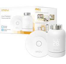 Kit de thermostat de radiateur intelligent Imou comprenant une passerelle blanche et un thermostat de radiateur blanc avec affichage numérique.