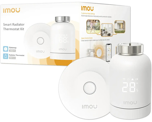 Kit de thermostat de radiateur intelligent Imou comprenant une passerelle blanche et un thermostat de radiateur blanc avec affichage numérique.