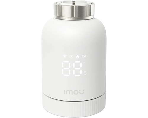Thermostat de radiateur intelligent Imou avec affichage numérique de la température et de l'état du wifi et de la batterie.