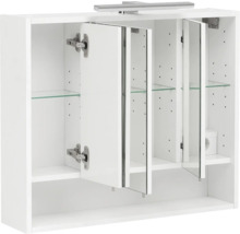 Armoire de toilette blanche avec portes ouvertes et étagères en verre