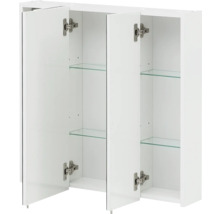 Offener weißer Spiegelschrank mit drei Türen und Glasablagen für das Badezimmer