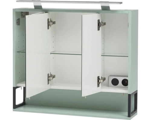 Meuble haut de salle de bain ouvert avec étagères en verre et éclairage intégré