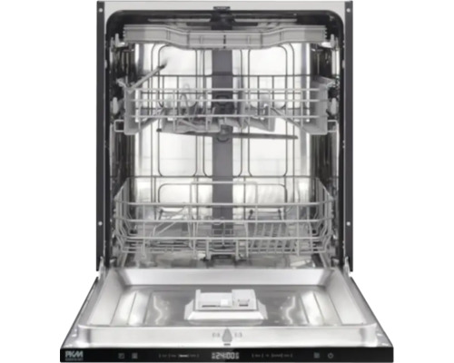 Geöffneter Geschirrspüler mit Edelstahl-Innenraum und Geschirrkörben.