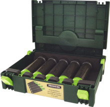 Offene Werkzeugkiste mit nachfüllbaren Druckluftkartuschen der Marke Prebena