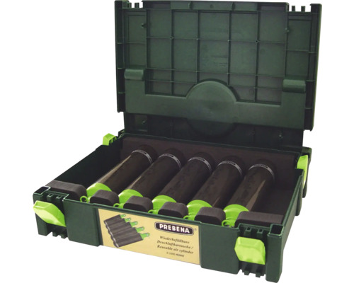 Offene Werkzeugkiste mit nachfüllbaren Druckluftkartuschen der Marke Prebena