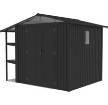 Abri de jardin avec double porte, fenêtre et étagères