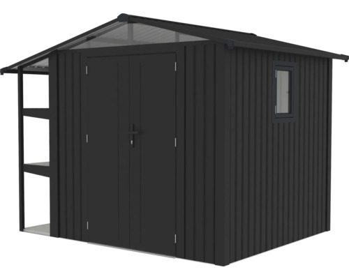 Abri de jardin avec double porte, fenêtre et étagères