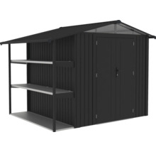 Abri de jardin avec étagères et double porte