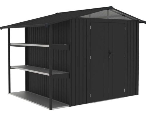 Abri de jardin avec étagères et double porte