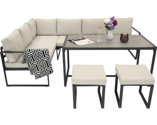 Ensemble de meubles de jardin avec canapé d'angle, table et deux tabourets