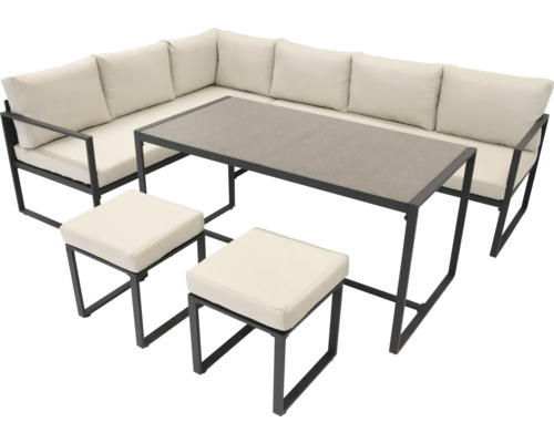 Ensemble de salon de jardin avec canapé d'angle, table et deux tabourets