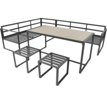 Ensemble de jardin avec table, banc d'angle et deux tabourets