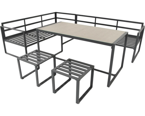 Ensemble de jardin avec table, banc d'angle et deux tabourets